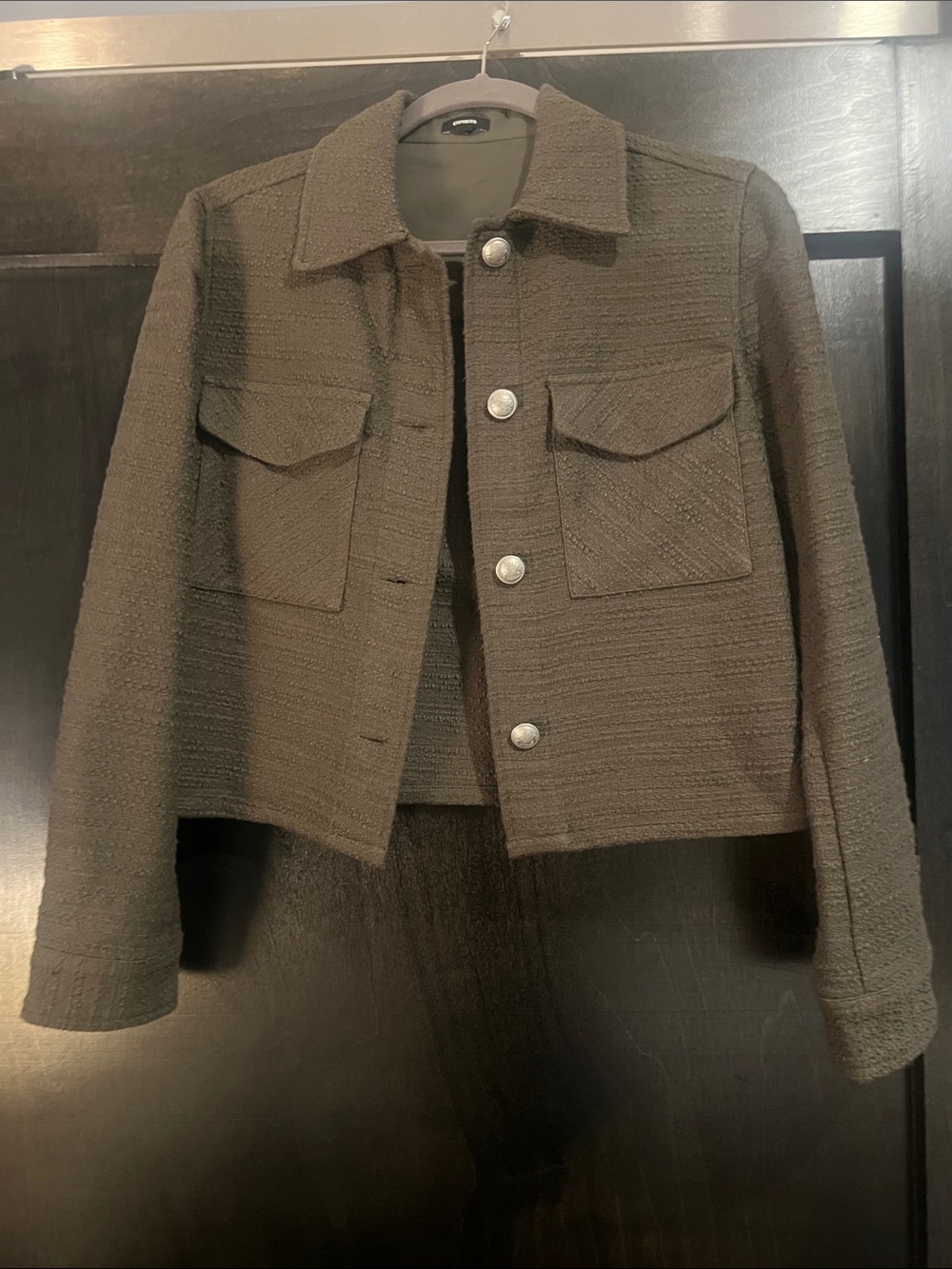 Express Textured Boxy Button-Front Jacket in Olive